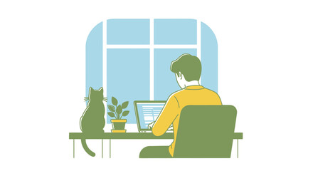 Man working remotely on a laptop at a home desk with a cat and plant by the window.