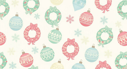Pastel Christmas Wreath and Ornament Seamless Pattern Winter Holiday Design
