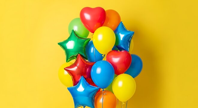 Colorful balloons in various shapes and sizes against a yellow background - Powered by Adobe