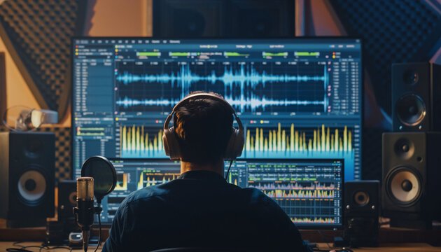 Audio-Engineer im Studio – Professionelle Klangbearbeitung am Großmonitor - Powered by Adobe