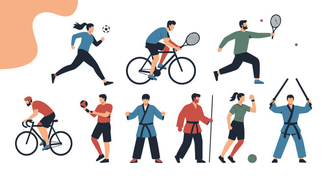 Diverse individuals engaging in various sports and recreational activities, promoting fitness.