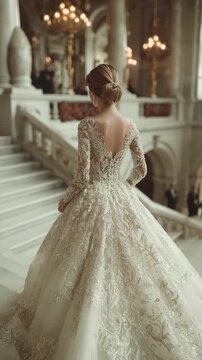 Bride in elaborate gown stands on marble stairs, hair up, facing away. Grand hall setting, light