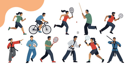 Diverse group of people engaged in various sports and physical activities, showcasing athleticism and healthy lifestyle.