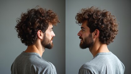 Side profile split image of man with curly hair and beard. Man looks left right showing his hairstyle. He wears grey t shirt indoor studio. Comparison concept.