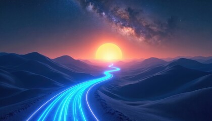 Bright blue glowing road curves through dark abstract desert hills. Huge radiant sun rises sets on horizon under starry night sky with Milky Way. Future, progress, innovative tech journey, new