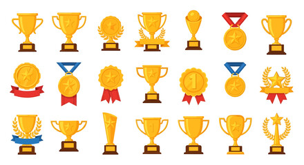 Collection of golden trophies and medals for winners, vector illustration.