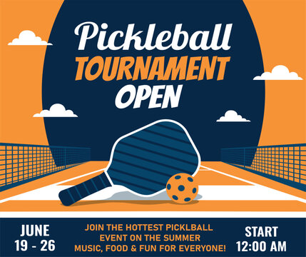 Vector illustration of a pickleball tournament open, featuring a racket, ball on a court. Pickleball tournament with the date, time. For banners, sports clubs, events, advertising, poster