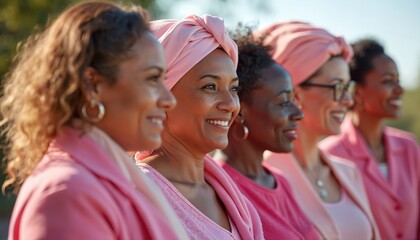 Group of diverse women cancer survivors together. Smiling females in pink attire express hope. Represent strength solidarity. Cancer awareness concept promoting resilience. Outdoor portrait of women