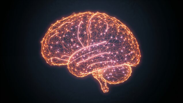 Orange Neon Brain with Connected Nodes and Light Patterns