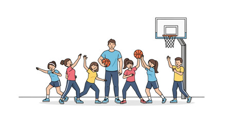 Basketball Team Practicing A Group of Children and Their Coach, Ready for the Game