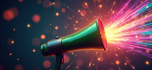 Green megaphone emits colorful light beams and particles. Digital art illustration represents loud sound wave, communication, and festive announcement for marketing or promotion.