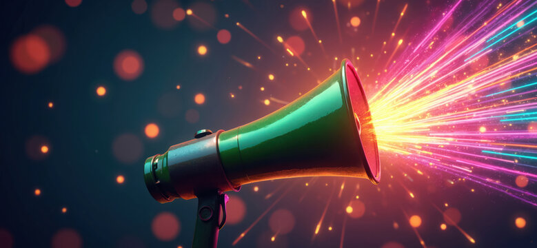 Green megaphone emits colorful light beams and particles. Digital art illustration represents loud sound wave, communication, and festive announcement for marketing or promotion.