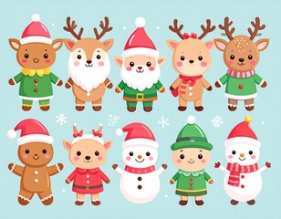 Fototapeta premium Cute kawaii Christmas characters: Santa, reindeer, elf, snowman, gingerbread man, soft pastel palette, minimal clean background, vector-like clarity, ultra-sharp details, perfect for stickers, product