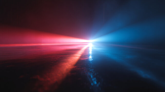 Abstract background featuring red and blue light rays emanating from a central bright spot