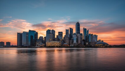 Fototapeta premium Vibrant City Skyline at Sunset with Colorful Clouds and Reflections