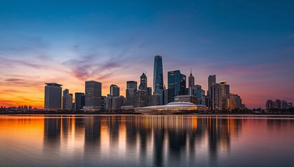 Fototapeta premium Stunning City Skyline at Dusk with Reflection in Calm Water