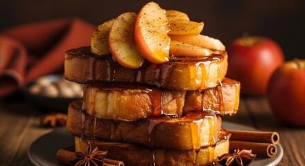 Stack of French Toast with Caramelized Apples, Cinnamon, and Autumn Spices