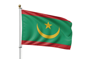 Proudly waving Mauritania flag with gold star and crescent symbol on flagpole, symbolizing national pride and heritage.