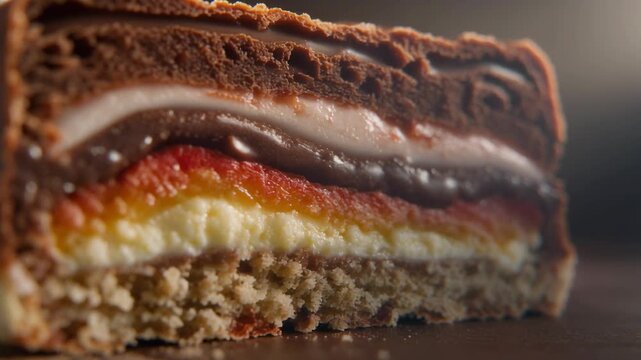 Decadent Chocolate Cake Slice with Layers of Cream, Fruit, and Chocolate Ganache Keywords: chocolate cake, cake slice, dessert, sweet
