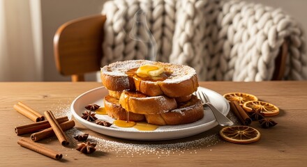Steaming French Toast with Butter, Syrup, and Autumn Spices on Wooden Table