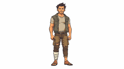 Adventurous man with wrapped foot in rugged outfit standing on white backdrop concept