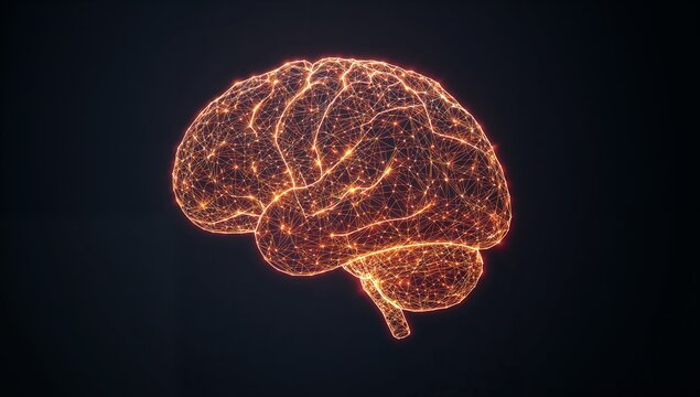 Networked Brain with Neon Lights on Dark Background in 3D Visualization - Powered by Adobe