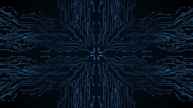Abstract blue glowing circuit board pattern with dark background, symbolizing technology and connectivity