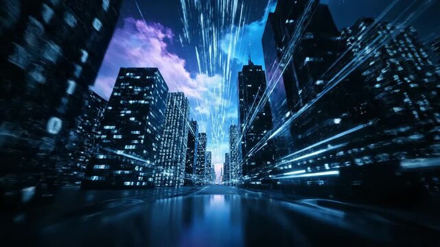 Futuristic city street made of binary code with skyscrapers, representing digital world and data flow