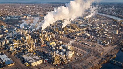 4K aerial footage capturing an industrial factory complex with smokestacks releasing thick plumes of smoke, symbolizing air pollution and environmental concern - Powered by Adobe
