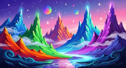 Colorful fantasy landscape with rainbow mountains and sparkling river