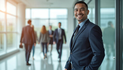 Fototapeta premium Smiling man in suit in modern office lobby. People walk by in background. Successful business pro looks forward, ready for meeting, confident pose.
