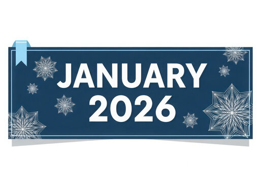 January 2026 calendar header banner with festive snowflakes and blue ribbon