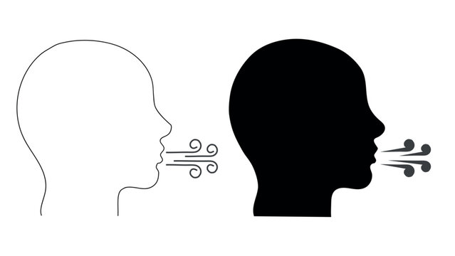 Wind blowing icon. Man face profile exhaling fresh air. Cool breeze, breath symbol. Weather concept. Abstract human head blowing wind. Line art vector illustration. 