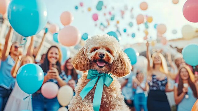 Cheerful fluffy companion with bright blue bow celebrates among joyful people and colorful airborne spheres