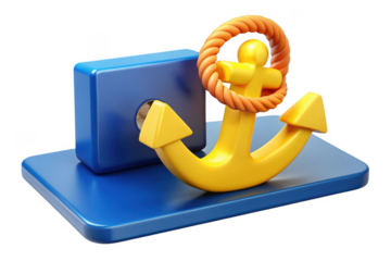 3d yellow anchor with rope nautical maritime sea ocean blue base dock port marine symbol isolated on transparent background