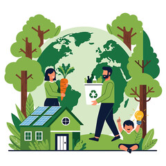 A family is shown caring for the planet with a house powered by solar panels, recycling, and growing organic food.