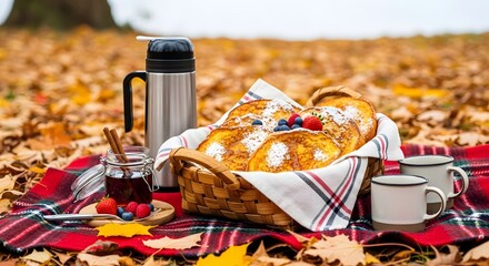 Autumn Picnic with Berry-Topped French Toast, Syrup Jar, and Ceramic Mugs on Plaid Blanket