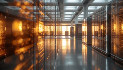 Modern Data Center Interior with Sunset Lighting and Smooth Floors