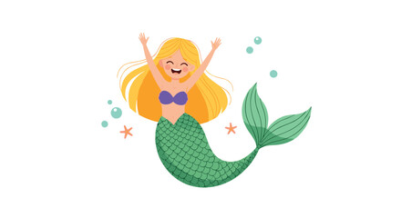 Obraz premium Happy Mermaid with Blonde Hair and Green Tail.