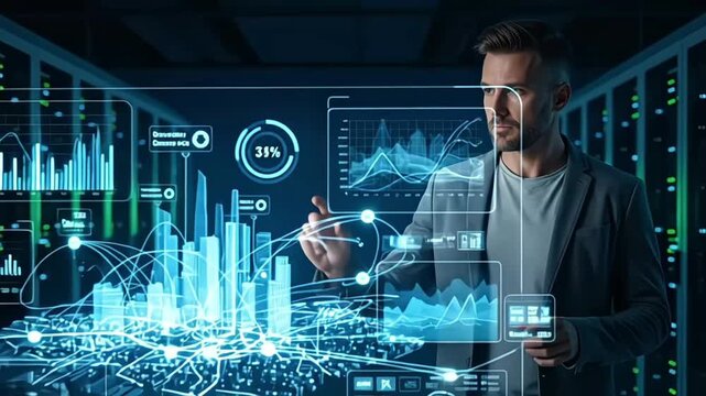 A professional man interacting with a digital data interface.
