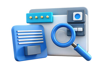 3d render of website interface with magnifying glass, search engine optimization (seo) concept, isolated on transparent background