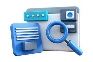 3d render of website interface with magnifying glass, search engine optimization (seo) concept, isolated on transparent background