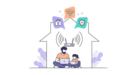 Illustration of a man and child using devices inside a house with wifi and security icons.
