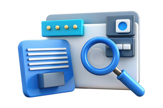 3d render of website interface with magnifying glass, search engine optimization (seo) concept, isolated on transparent background