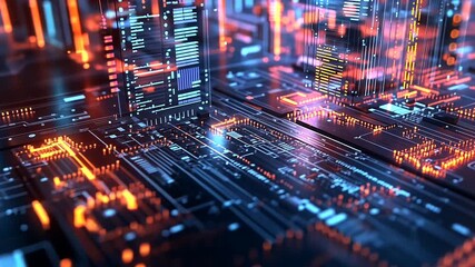 Futuristic Digital Cityscape with Neon Lights and Circuit Board Elements. - Powered by Adobe