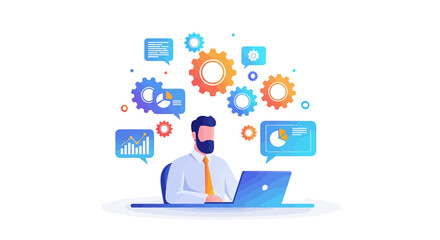 A professional businessman sitting at his desk working on a laptop, surrounded by gears and charts, illustrating business process management and data analysis concepts