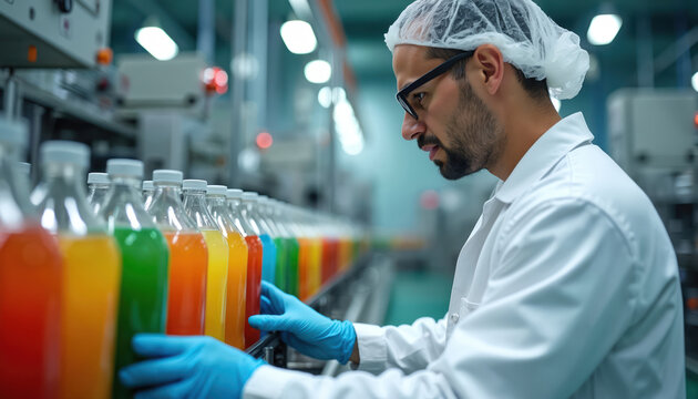 Man in lab coat and hairnet checks colorful bottled drinks on manufacturing line. Factory worker inspects product quality. Beverage plant workflow. Healthy liquids. Food safety.