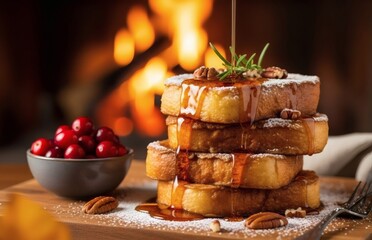 Cozy French Toast Stack with Syrup, Pecans, and Cranberries by the Fireplace