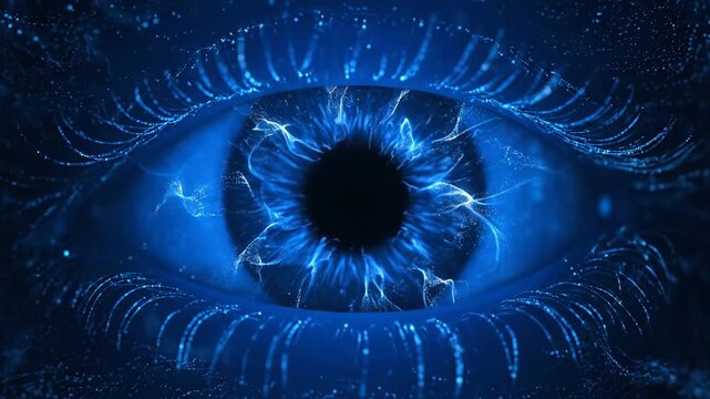 Closeup of a blue eye with intricate glowing particles forming a network pattern, symbolizing vision