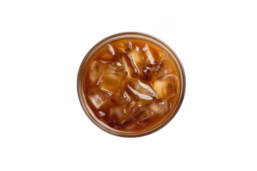 Iced coffee drink with ice cubes in glass top view refreshment cold beverage cafe restaurant drink isolated on transparent background